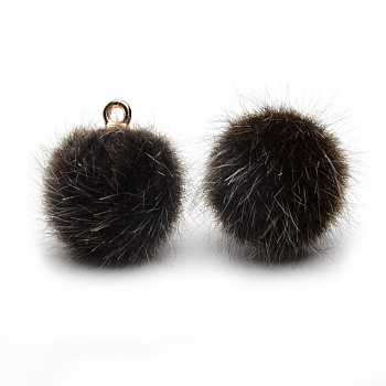 Handmade Faux Mink Fur Covered Pendants, with Alloy Findings, Round, Golden, Dark Olive Green, 16~17x13.5~14mm, Hole: 1.5mm
