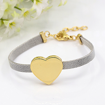 Fashionable 304 Stainless Steel Bracelets, with Lobster Claw Clasps, Heart, Golden, 7-1/8 inch(180mm), 6mm
