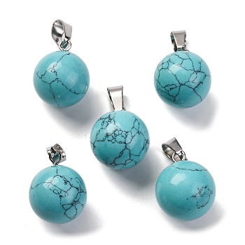 Round Synthetic Turquoise Pendants, with Platinum Tone Brass Findings, 17~19x13~14mm, Hole: 2x7mm