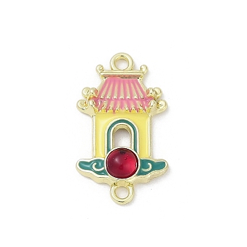 Alloy Enamel Chinese House Connector Charms, with Resin, Cadmium Free & Nickel Free & Lead Free, Rack Plating, Golden, Red, 22.5x12.5x4mm, Hole: 1.6mm