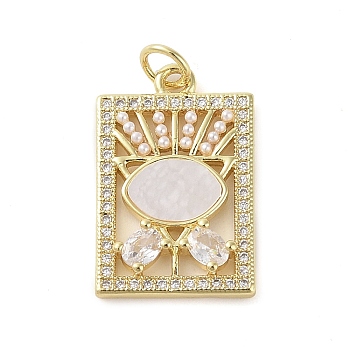 Brass Micro Pave Clear Cubic Zirconia Pendants, with ABS Imitation Pearl, Real 18K Gold Plated, Rectangle, 23x14x3mm, Hole: 3.3mm