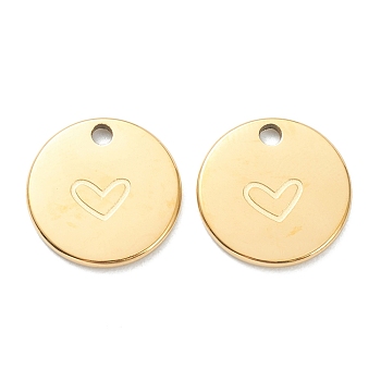 304 Stainless Steel Charms, Flat Round with Heart, Real 18K Gold Plated, 11.5x1mm, Hole: 1.5mm