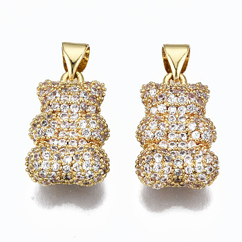 Brass Micro Pave Clear Cubic Zirconia Pendants, Inlay Bear Shape Charms, Cadmium Free & Nickel Free & Lead Free, Real 16K Gold Plated, 19x12x6mm, Hole: 5.5x3mm