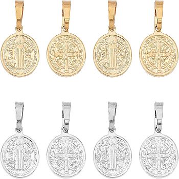 304 Stainless Steel Pendants, Religion, Flat Round with Saint Benedict, Golden & Stainless Steel Color, 15x12x2mm, Hole: 5x3mm, 2 colors, 8pcs/color, 16pcs/box