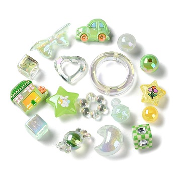 Mixed Style Acrylic Beads, Mixed Shape, Green, 12~36.5x13~40x6~16.5mm, Hole: 2~4mm, 157pcs/500g
