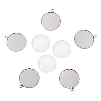 DIY Pendant Making, 304 Stainless Steel Pendant Cabochon Settings and Transparent Glass Cabochons, Flat Round, Stainless Steel Color, Tray: 30mm, 36x31x2mm, Hole: 3mm, 29.5~30x7mm