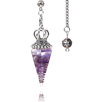 Natural Amethyst Chip & Resin Dowsing Pendulum Big Pendants, with Platinum Plated Metal Crown, Cone Charm, 300mm