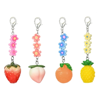 Fruit Resin Pendant Decoration, Zinc Alloy Lobster Claw Clasps and Flower Polymer Clay Beads Charm, Mixed Color, 77~84mm, 4pcs/set