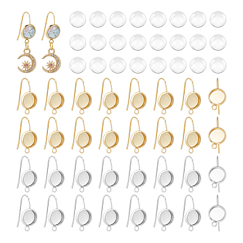 32Pcs 2 Colors 304 Stainless Steel Earring Hooks, Flat Round Earring Settings and Loops, with 32Pcs Glass Cabochons, Real Gold Plated & Stainless Steel Color, 20 Gauge, 20x10x1.5mm, Hole: 1.8mm, Pin: 0.8mm, 16Pcs/color