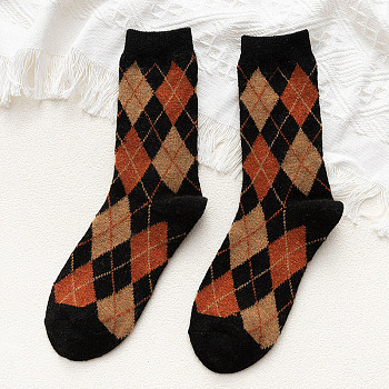 Wool Knitting Socks, Rhombus Pattern Crew Socks, Winter Warm Thermal Socks, Black, 10mm