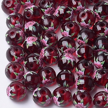 Printed & Spray Painted Transparent Glass Beads, Round with Flower Pattern, Dark Red, 8~8.5x7.5mm, Hole: 1.4mm