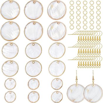 CHGCRAFT DIY Dangle Earring Making Kits, Including 18Pcs 3 Style Flat Round Shell Pendants, 30pcs Brass Earring Hooks and 30Pcs Iron Jump Rings, Silver, Pendants: 18~30.5x1~2.5mm, Hole: 1.2~1.8mm, 6pcs/style