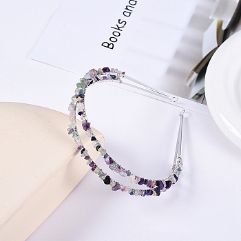 Double Row Natural Fluorite Chip Hair Bands, Hair Accessories for Bridal, with Metal Hair Hoop, 150x125x23mm