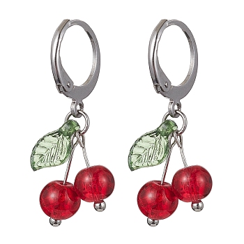 Cherry Glass with Acrylic Dangle Leverback Earrings, Stainless Steel Color, 29mm