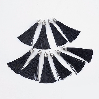 Nylon Tassels Big Pendant Decorations, with Antique Silver Alloy Findings, Black, 55~67x7mm, Hole: 2mm