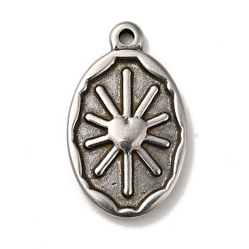 304 Stainless Steel Pendants, Oval with Sun Charms, Antique Silver, 24x14x2.5mm, Hole: 1.6mm