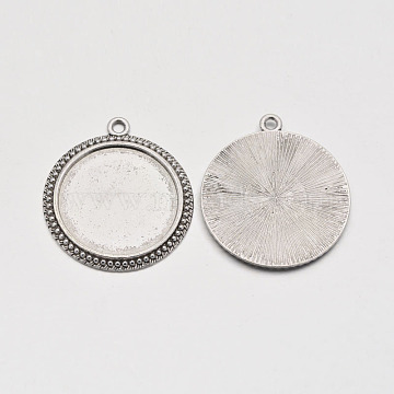 Flat Round Tibetan Style Pendant Cabochon Settings, Plain Edge Bezel Cups, Lead Free & Cadmium Free & Nickel Free, Antique Silver, Tray: 30mm, 38x2.5mm, Hole: 3mm, about 100pcs/1000g(TIBE-C067kg-01AS-NR)