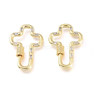 Brass Micro Pave Cubic Zirconia Screw Carabiner Lock Charms, for Necklaces Making, Cross, Golden, Clear, 32.5x22.5x4.5mm(KK-M206-10G-01)