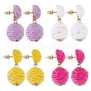 4 Pairs 4 Colors Raffia Grass Braided Round Dangle Stud Earrings with Iron Pins for Women, Mixed Color, 37x18mm, 1 pair/color(EJEW-FI0002-27)