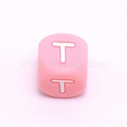 Silicone Alphabet Beads for Bracelet or Necklace Making, Letter Style, Pink Cube, Letter.T, 12x12x12mm, Hole: 3mm(SIL-TAC001-01B-T)