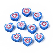 Handmade Polymer Clay Beads, Heart with Flower Pattern, Dodger Blue, 9x9~10x4~5mm, Hole: 1.5mm(CLAY-N011-013I)
