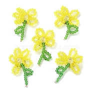 Handmade Glass Beaded Woven Cabochons, for DIY Jewelry Making Crafts, with Brass Finding, Flower, Yellow, 40~43x25~30x7~7.5mm(GLAA-C028-01B)