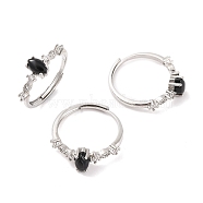 Horse Eye Natural Black Onyx Adjustable Rings, Brass Clear Cubic Zirconia Ring for Women, Long-Lasting Plated, Lead Free & Cadmium Free, Platinum, Inner Diameter: 19mm(RJEW-Q817-02P-09)