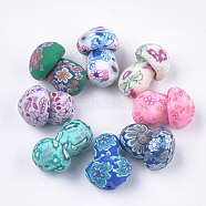 Handmade Polymer Clay Beads, Half Drilled Beads, Mushroom with Flower, Mixed Color, 16.5~19.5x11~13x11~13mm, Half Hole: 0.7~1mm(X-CLAY-T017-12)