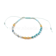 Adjustable Nylon Thread Braided Bead Bracelets, with Natural Aquamarine & Synthetic Turquoise(Dyed) Beads, Glass Seed Beads and Brass Beads, Real 18K Gold Plated, 2-3/8~3-7/8 inch(5.9~10.1cm)(BJEW-JB05593-01)