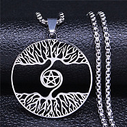 304 Stainless Steel Pendant Necklaces, Flat Round with Tree of Life Pattern, Stainless Steel Color, 20.16 inch(51.2cm)(NJEW-C042-07P)