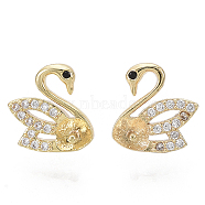 Brass Micro Pave Clear Cubic Zirconia Stud Earring Findings, for Half Drilled Beads, Nickel Free, Swan, Real 18K Gold Plated, 10x10mm, Pin: 0.7mm, Pin: 0.8mm(for half drilled beads)(KK-N232-14-NF)