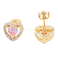 Cubic Zirconia Heart Stud Earrings, Golden Brass Jewelry for Women, Nickel Free, Pearl Pink, 10x10.5mm, Pin: 0.7mm(EJEW-N011-59A)