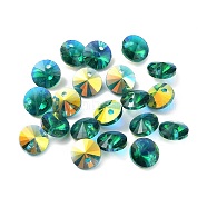 Electroplate Transparent Glass Beads, Half Rainbown Plated, Faceted Bicone, Dark Green, 8x4mm, Hole: 0.8mm(EGLA-Z002-AB02)