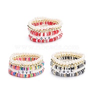 Handmade Polymer Clay Heishi Beads Stretch Bracelets Set, Love Word Acrylic Beads Bracelets, Natural Pearl & Synthetic Hematite Beads Bracelets for Women, Mixed Color, Inner Diameter: 2-1/8~2-3/8 inch(5.5~6cm), 5pcs/set(BJEW-JB07401)
