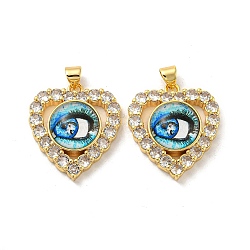 Real 18K Gold Plated Brass Pendants, with Glass and Acrylic, Heart with Evil Eye Charms, Light Sky Blue, 26x22.5x7mm, Hole: 4.5x3.5mm(KK-L209-005G-08)