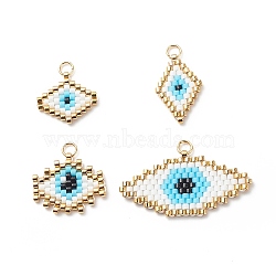 4Pcs 4 Style Braided MIYUKI Japanese Seed Beaded Pendants, Rhombus with Evil Eye, White, 16~20.5x11~32x1.5mm, Hole: 3mm, 1Pc/style(PALLOY-MZ00002)