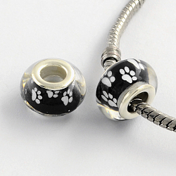 Large Hole Dog Paw Prints Pattern Resin European Beads, with Platinum Plated Brass Double Cores, Rondelle, White, 14x9mm, Hole: 5mm(OPDL-Q128-12J)
