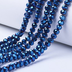Electroplate Transparent Glass Beads Strands, Full Plated, Faceted, Rondelle, Blue Plated, 3.5x3mm, Hole: 0.4mm, about 123~127pcs/strand, 13.78 inch~14.17 inch(35~36cm)(EGLA-A034-T3mm-UA02)