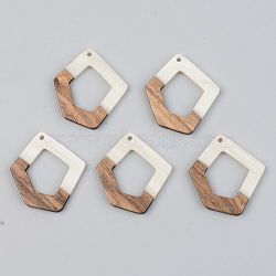 Opaque Resin & Walnut Wood Pendants, Polygon, Floral White, 35x31x3mm, Hole: 2mm(RESI-S389-004A-C04)