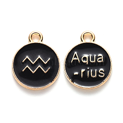 Alloy Enamel Pendants, Cadmium Free & Lead Free, Flat Round with Constellation, Light Gold, Black, Aquarius, 22x18x2mm, Hole: 1.5mm(X-ENAM-S124-01A-08J)