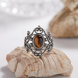 925 Sterling Silver with Natural Tiger Eye Finger Rings, Antique Silver, Rhombus, Inner Diameter: 20mm(WGB2E64-47)