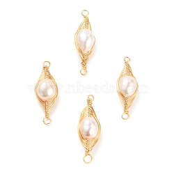 Brass Links Connectors, with Natural Baroque Pearl Keshi Pearl Beads, with Golden Plated Loops, Round, Golden, 32~33x9~10x8~8.5mm, Hole: 1.6~2mm(PALLOY-JF00474)