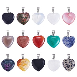 15Pcs 15 Styles Natural & Synthetic Gemstone Pendants, with Platinum Tone Brass Findings, Heart Charm, Mixed Dyed and Undyed, 20~22x20~21x5~8mm, Hole: 2x7mm, 1pc/style(G-SZ0002-12)