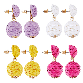 4 Pairs 4 Colors Raffia Grass Braided Round Dangle Stud Earrings with Iron Pins for Women, Mixed Color, 37x18mm, 1 pair/color