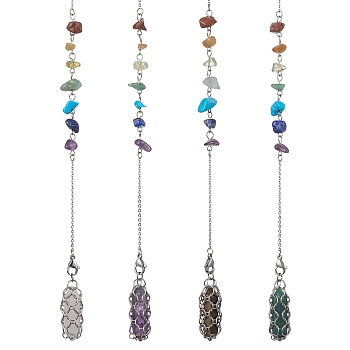 Mixed Synthetic & Natural Chip Gemstone Pointed Dowsing Pendulums, Macrame Pouch Stone Holder, with 304 Stainless Steel Cable Chains, Bullet Charm, 10 inch(252mm), Hole: 2mm, Pendants: 33x12mm