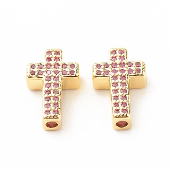 Rack Plating Brass Cubic Zirconia Beads, Cadmium Free & Lead Free, Real 18K Gold Plated, Cross, Hot Pink, 15x9x4mm, Hole: 1.7mm