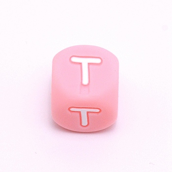 Silicone Alphabet Beads for Bracelet or Necklace Making, Letter Style, Pink Cube, Letter.T, 12x12x12mm, Hole: 3mm