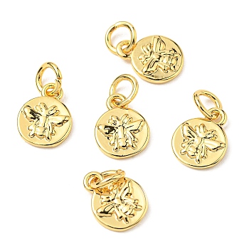 Brass Charms, with Jump Rings, Flat Round with Bees, Golden, 10x8x1.5mm, Hole: 3mm