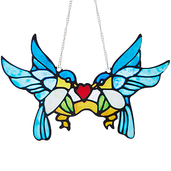 Bird Stained Acrylic Window Hanger Panel, with Alloy Chain, for Suncatcher Window Hanging Decoration, Cyan, 170mm