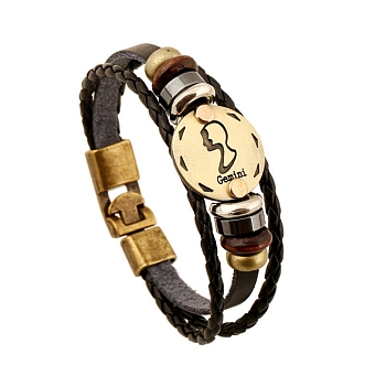Braided Cowhide Cord Multi-Strand Bracelets, Constellation Bracelet for Men, with Wood Bead & Alloy Clasp, Gemini, 7-7/8~8-1/2 inch(20~21.5cm) 
